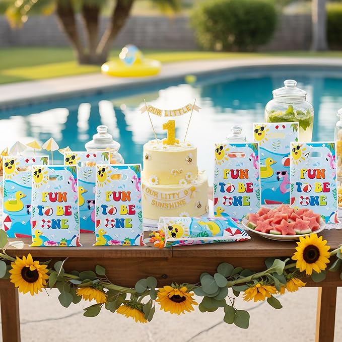 Summer Pool Party Favor Bag - 50Pcs Summer Fun to Be One Goodie Candy Treat Gift Bag Beach Ball First Birthday Theme Party Decoration for Kids Beach 1st Birthday Hawaiian Swimming Pool Events Supplies