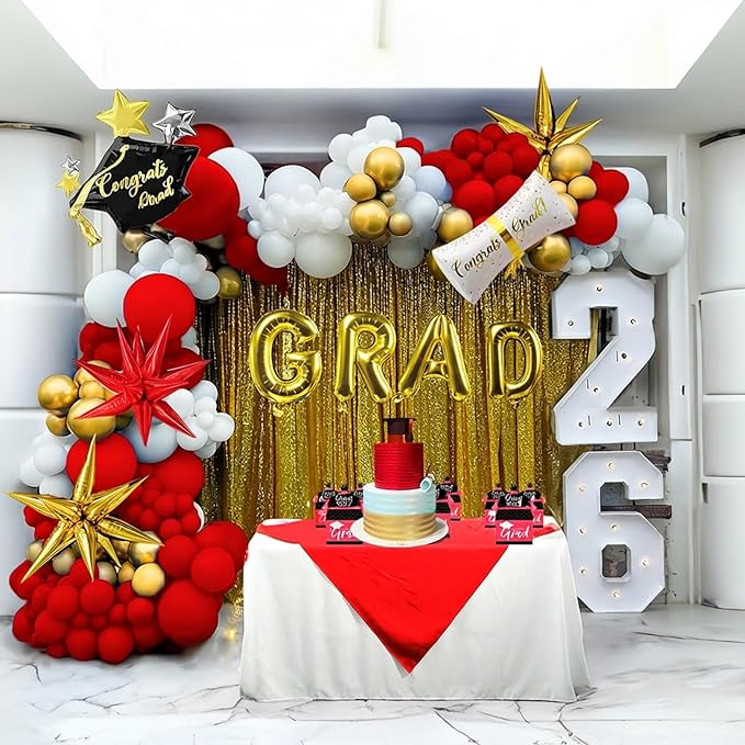 Red Graduation Balloon Garland Arch Kit 115PCS with Graduation Star print Certificate Letter Mylar Foil Balloons for Graduate Class of 2026 Grad Prom party Decorations Supplies (Red Gold White)