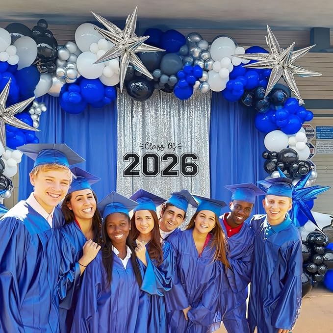 Royal blue and black white silver balloon kit 110PCS with graduation cap star letters Balloons for Congratulations Class of 2026 Graduation Party Decorations Grad Ceremony Prom Party Decorations