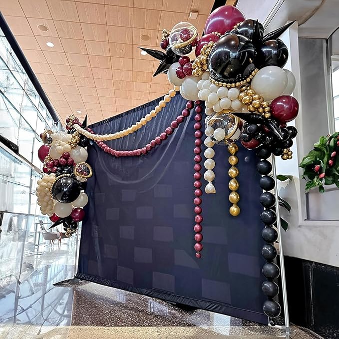 Black Burgundy Gold Balloon Arch Kit, Maroon Black Gold Balloons Garland, Clear White Red Metallic Balloons with Stars Balloon for Birthday Retirement Graduation Celebrations Class of 2025 Party Decor