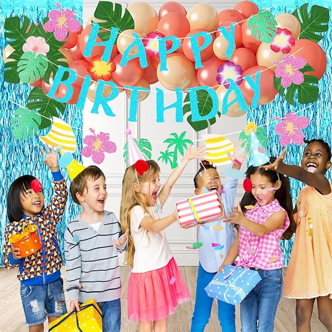 Hawaiian Party Decorations Set - Balloons, Cake Topper, Cupcake Toppers, Banner, Table cloth, Foil Curtains, Tropical Party Decorations