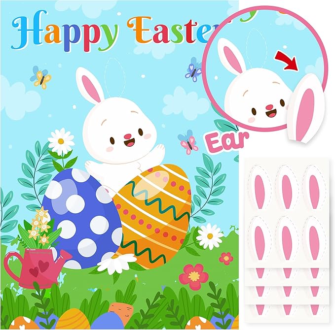 Pin The Ears on The Bunny Game for Kids, Happy Easter Rabbit Poster with 24Pcs Stickers Fun Family School Classroom Activities Spring Holiday Egg Hunt Birthday Party Decoration Supplies Wall Decor