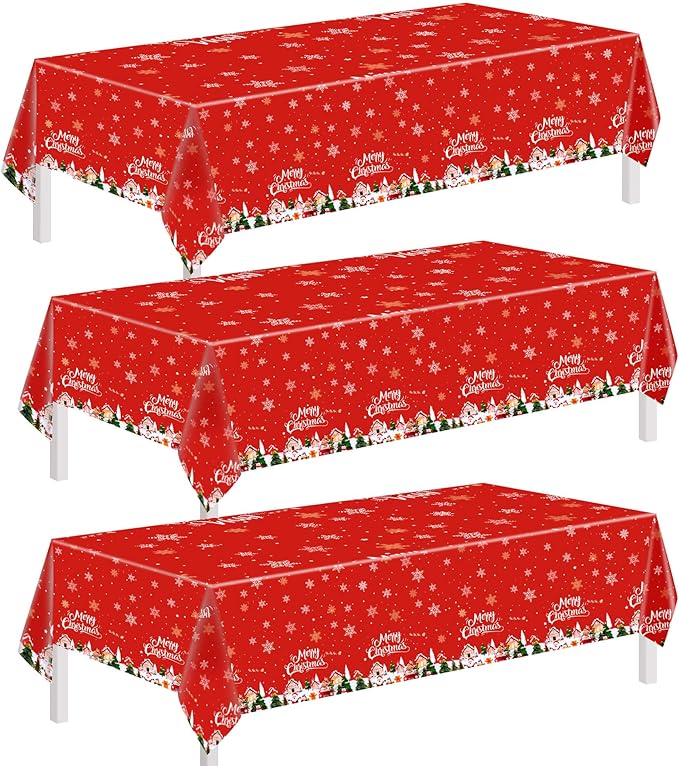 Christmas Tablecloths – 3 Pack 54 x 108 Inch Rectangle Table Covers – Red and Green Plastic Tablecloth with Santa Claus, Christmas Tree & Snowflake Prints – Christmas Holiday Party Decorations