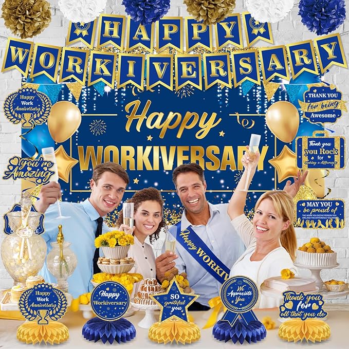 Happy Work Anniversary Decorations Blue Gold Happy Workiversary Banner Honeycomb Centerpieces Hanging Swirls Tissue Paper Pompoms Sash for Men Office Employee Worker Anniversary Appreciation Supplies