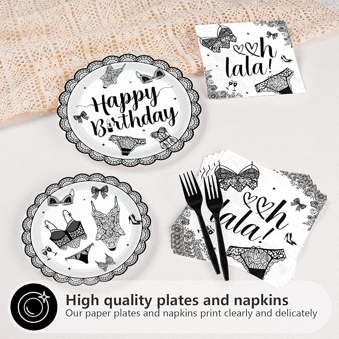 96Pcs Black Lingerie Happy Birthday Decorations Bras and Panties Plates and Napkins Lingerie Bachelorette Party Tableware for Women Girls Birthday Bachelorette Bridal Shower Party Supplies Serves 24