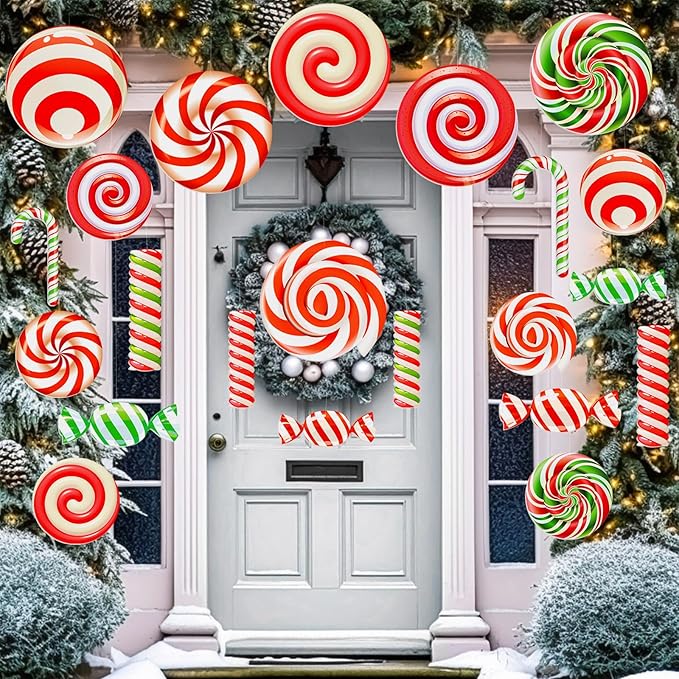 Huwena 24 Pcs Christmas Decorations Outdoor Christmas Hanging Ornaments Peppermint Candy Yard Signs Double Sided Lawn Decorations Peppermint Ornaments for Xmas(Red, Green，white)