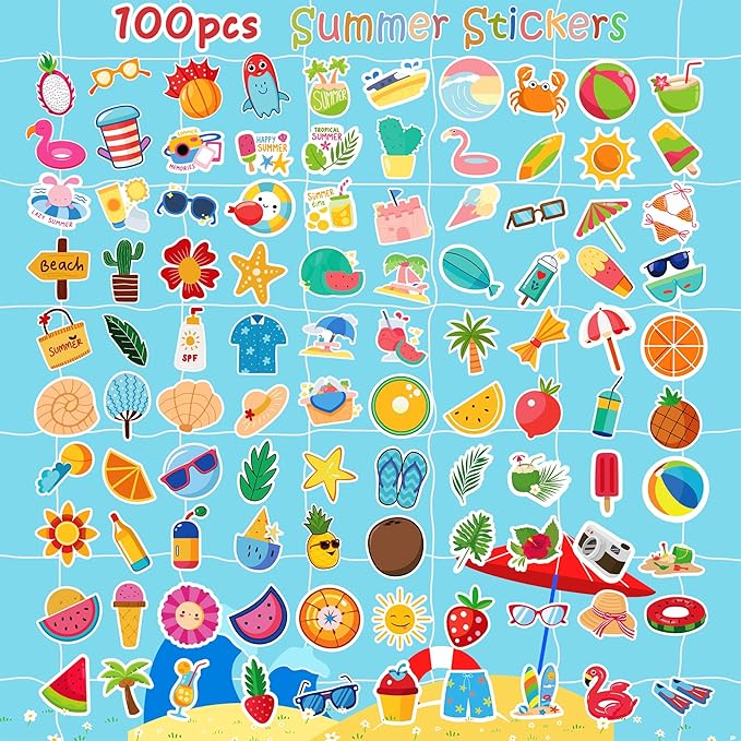 OHOME Summer Stickers | 100 PCS Hawaiian Beach Stickers for Kids - Vinyl Summer Games Toys Gifts Activities Party Favors Supplies - Tropical Crafts Bulk for Classroom Home - Travel Essential for Kids