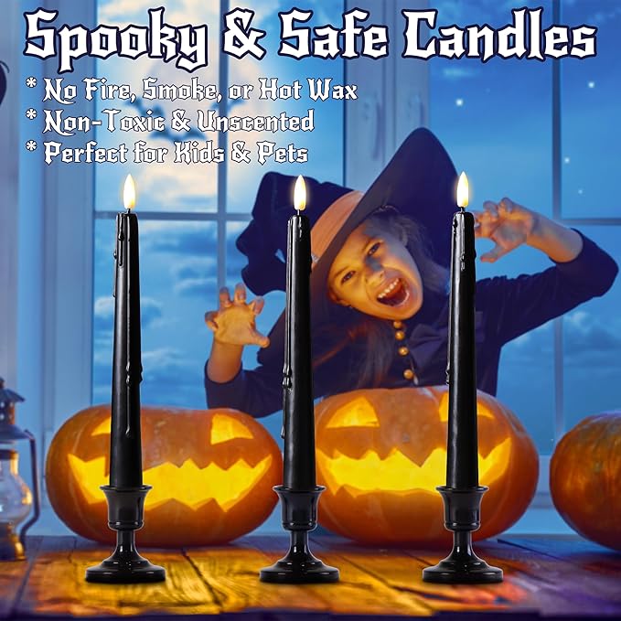 Black Flameless Taper Candles with Remote and Timer - 9.65 Inch Real Wax LED Candlesticks - Wax Drip Battery Operated Halloween Taper Candles with 3D Flickering Flame Halloween Decor, 6 Pack
