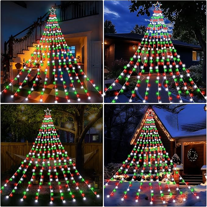 Christmas Decoration Lights, Outdoor Christmas String Lights 320 LED 11.5 Ft Waterfall Tree Light with Big Star Topper 8 Light Modes for Xmas New Year Holiday Garden Yard Indoor Outdoor Decor