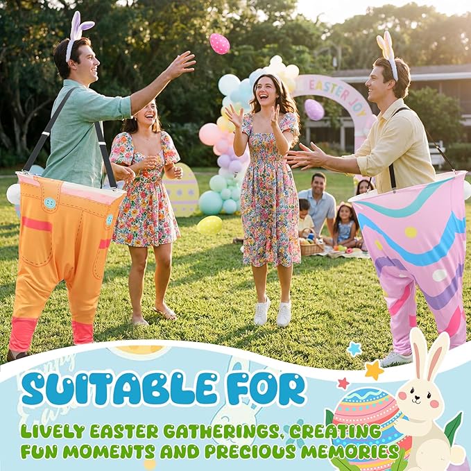 2 Sets Easter Granny Pants Outdoor Games, Giant Granny Cute Pants with Egg Balls & Bunny Ear Headbands, Funny Spring Yard Tossing Game for Adults Family Party Gathering (Bright Style)