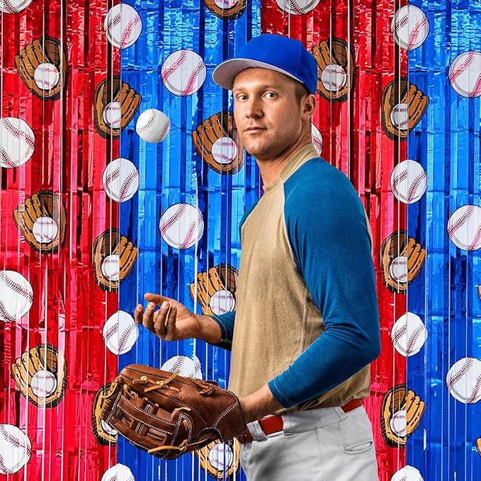 4 Pack Baseball Tinsel Foil Fringe Curtains Backdrop Party Decorations, Blue and White Red Door Streamers Banner Sports Themed Birthday Party Decor Supplies for Boys Favor