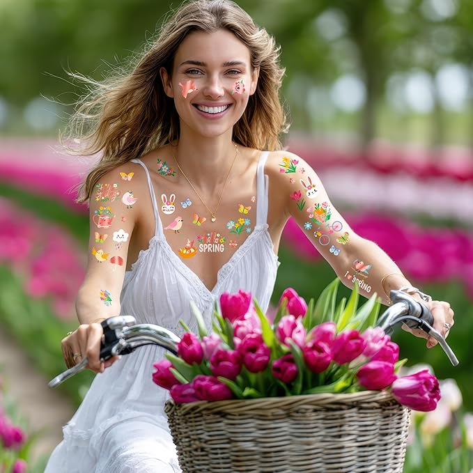 174 PCS Spring Temporary Tattoos, 12 Sheets Waterproof Hello Spring Tattoo, Rose Gold-Foil Spring Party Decorations Glitter Flowers Butterfly Egg Fillers for Easter Basket Stuffers Party Favors