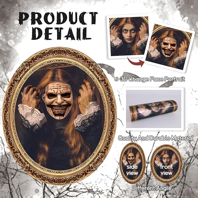 Scary Halloween Party Decoration Indoor Home Wall Decor, 3D Changing Face Moving Picture Portrait Frame, for Horror Spooky Party Supplies Castle Haunted House Decor(Style C, 6 Pieces)