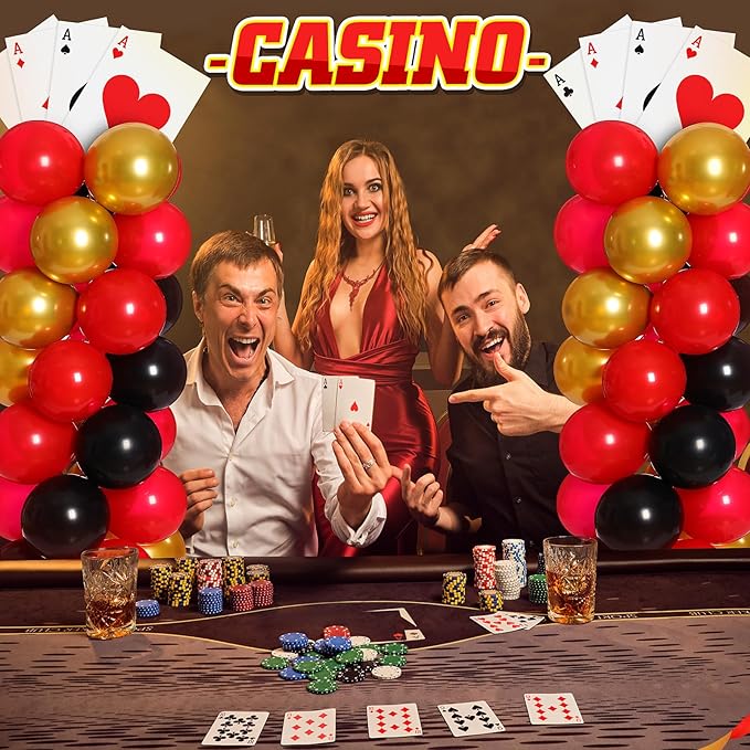 2 Sets Casino Theme Party Decoration Adjustable Poker Themed Balloon Column Stand Kit 8 Pcs Jumbo Poker Cards 129 Pcs Balloon Set for Las Vegas Game Night Birthday Party Supplies(Red Black and Gold)