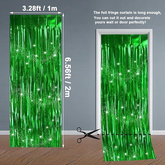 Green Backdrops Curtains Party Decorations for St Patricks Day Decoration Accessories, Tinsel Streamers Birthday Decoration Photo Booth Props for Football, 2Pack 3.28X6.56Ft