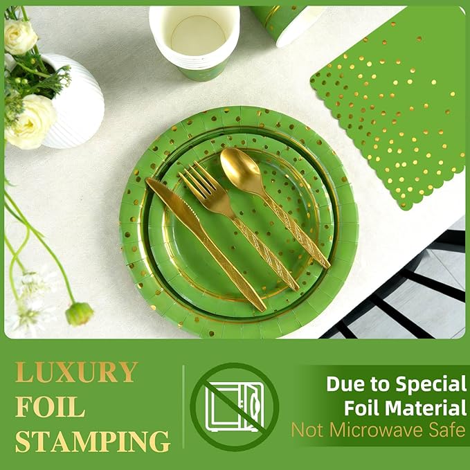 OuMuaMua Disposable Green Paper Plates Party Supplies for 24 Guests, 168 Pcs Green and Gold Party Plates, Cups and Napkins with Utensils Set for Birthday Graduation Party Decor
