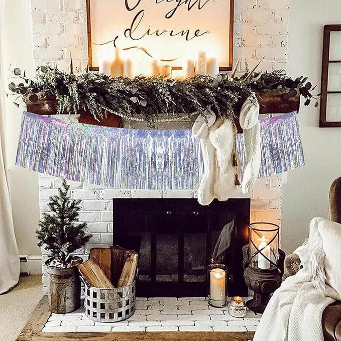 BEISHIDA 3 Packs 30 Feet Metallic Foil Fringe Garland Tinsel Streamers，Laser Silver Wall Hanging Tinsel Fringe Banners for Wedding Birthday Party Decoration Halloween Christmas New Year