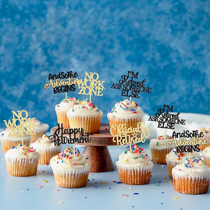 Gyufise 30Pcs Happy Retirement Cupcake Toppers Officially Retired Cupcake Picks No Work Zone Adventure Begins Cake Decorations for Retirement Theme Farewell Birthday Party Supplies Black Gold