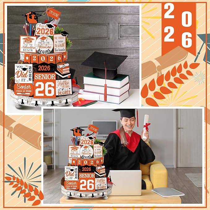 22 Pcs 2026 Graduation Tiered Tray Decor Sets Wooden Graduation Class of 2026 Table Decorations Senior 2026 Gown Diploma Farmhouse Signs for Home Shelf Party Office Desk(Orange)