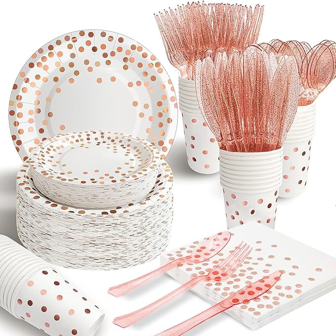 AIRE 350PCS White and Rose Gold Paper Plates Party Supplies for 50 Guests Party Decorations Dinnerware Rose Golden Dot Paper Plates Napkins Cups Gold Plastic Forks Knives Spoons for Wedding Birthday