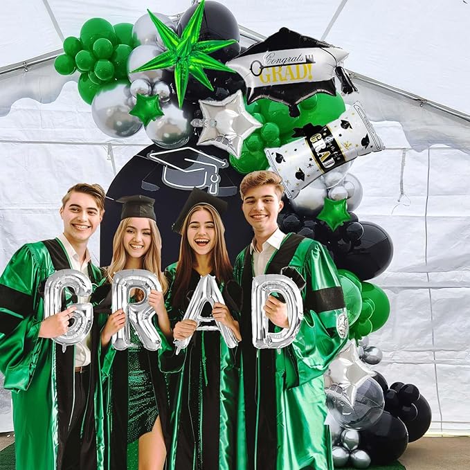 Black green and Silver Balloon Garland Arch Kit 130+ Pieces with green and Silver Stars, Graduation Certificate Graduation Cap GRAD Letters Mylar Balloons for 2025 Graduation Prom Decorations
