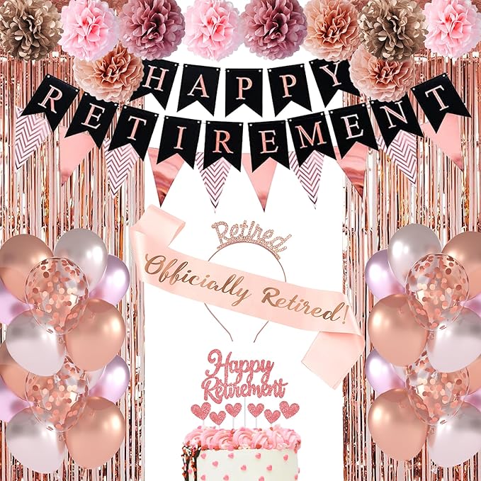 67 PCS Happy Retirement Party Decorations Rose Gold Women Banner Foil Balloons Cake Toppers Pompoms Retired Sash for Retirement Party (Rose Gold)