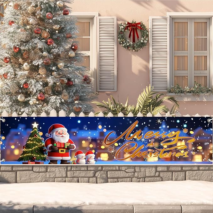 Merry Christmas Banner Santa Claus Christmas Decorations for Home 79x18 Inch Large Outdoor Xmas Backdrop with Snowman Tree Lights for Holiday Party Wall Yard Fence Indoor Decor