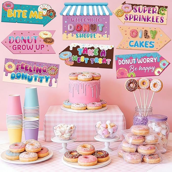 Hooqict 20 Pieces Doughnut Party Sign Welcome to Donut Party Directional Signs for Kids Girls Sweet Donut Themed Birthday Decorations Supplies