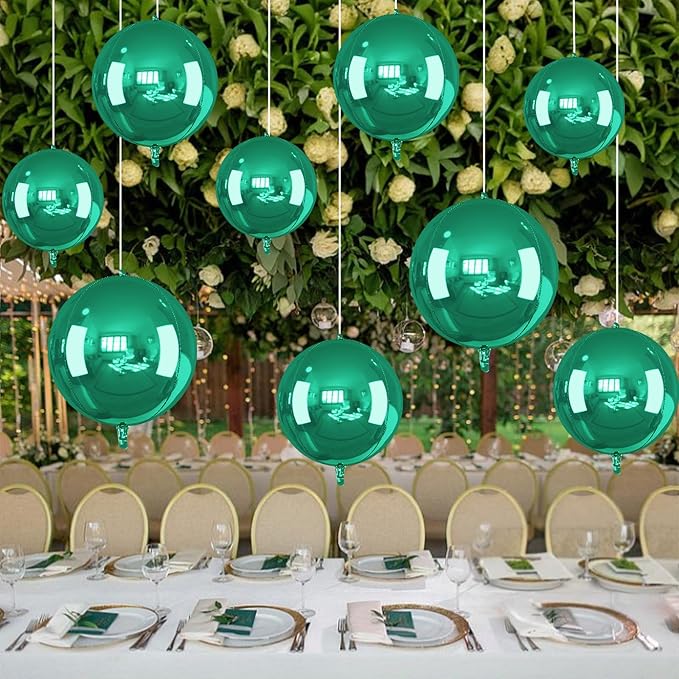 14 Pcs Green Round Foil Balloons 22/15/10 Hunter Emerald Forest Green Metallic 4D Ball Balloon Ornament Mylar Balloon Chrome Birthday Grad Wedding Anniversary Safair New Year Disco Party Decor