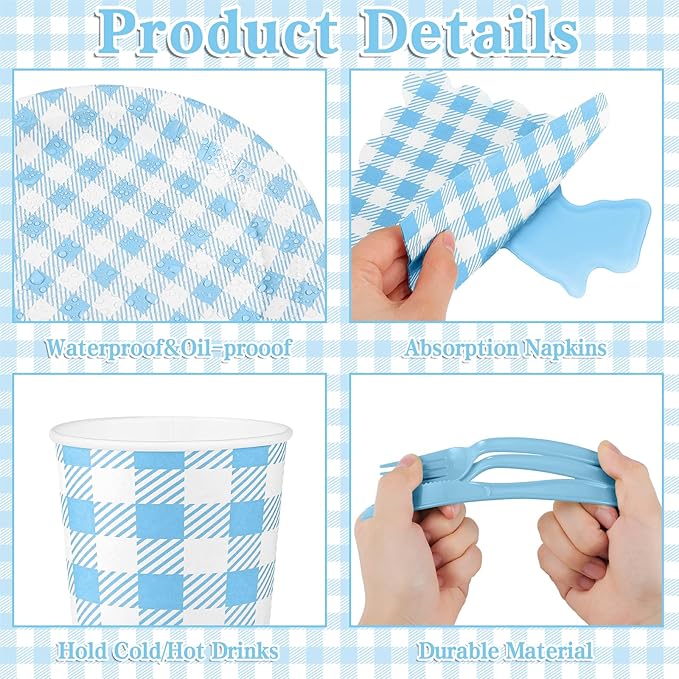 175 Pcs Gingham Paper Plates, Boy Baby Shower Decorations Include Blue Gingham Plates and Napkins Cups Disposable Blue Dinnerware for Picnic, Wedding, Birthday