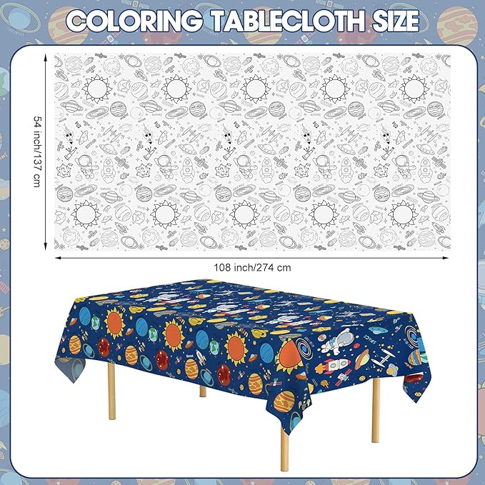 Large Outer Space Coloring Tablecloth - Giant Solar System Theme Colorable Paper Poster, Galaxy Activity Games Table cloth for Space Birthday Party Decorations Supplies Favors Crafts Gifts, 54x108 In