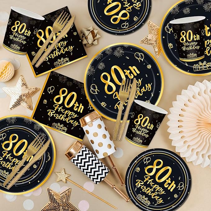144PCS 80th Birthday Plates and Napkins Birthday Party Supplies 80th Birthday Party Decorations for Men Women Disposable Party Tableware Including Paper Plates Napkins Cups Forks Serve 24
