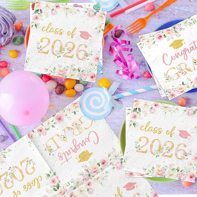 50Pcs Congrats Grad Party Napkins - Floral Graduation Party Decorations Pink Class of 2026 Graduation Paper Napkins for College High School Party Supplies