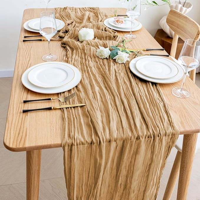 Wokceer Cheesecloth Table Runner 2Pack 10FT Khaki Boho Gauze Cheese Cloth Table Runner for Party Long Rustic Sheer Table Runners for Baby Bridal Shower Wedding Easter Table Decor