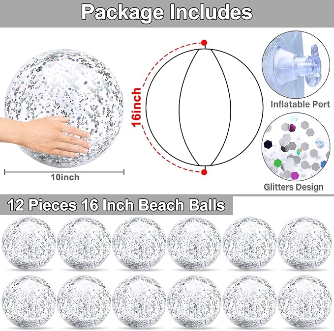 12 Pack Inflatable Glitter Beach Balls Bulk-16" Beach Ball Swimming Pool Toys for Games Adults Kids, Summer Pool Beach Party Decoration,Luau Decorations Essential Blow Up Beach Ball (Silver,Glitter)