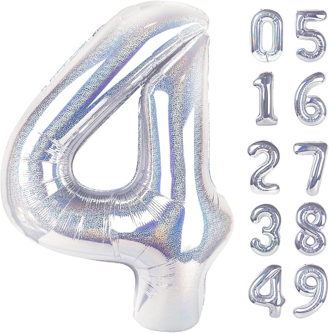 Laser Silver 4 Balloon, Number Balloons 40 Inch, 4th Birthday Decorations for Girls Four Large Numbers for Party Decor, Number 4 Balloon