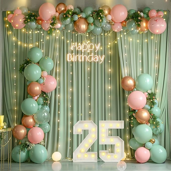 20x10FT Sage Green Backdrop Curtains with Lights for Parties,Wrinkle Free Wedding Photo Backdrop Curtains for Baby Shower Birthday Ceremony Reception Home Party Decorations-5ft x 10ft,4 Panels