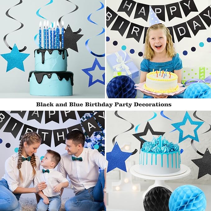 meowtastic Birthday Decorations, Happy Birthday Banner with Honeycomb Balls, Stars Hanging Swirl Streamers, Circle Dots Garland, Happy Birthday Party Decorations for Women Men Boys Girls (Black&Blue)