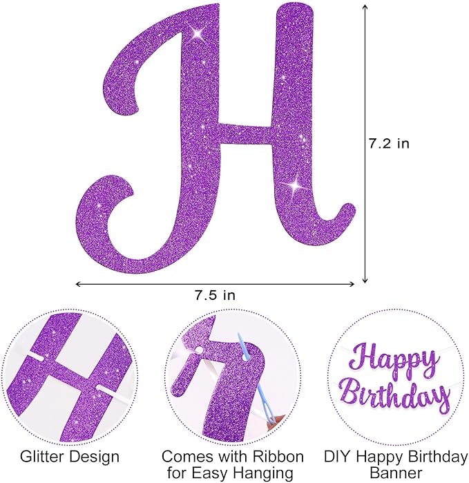 Glitter Happy Birthday Banner Sig Birthday Garland Wall Door Banners Flag for Women Men Boys Girls Party Backdrop Decorations Purple