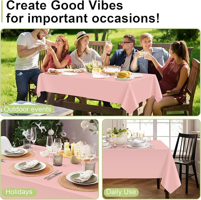 QIKSION Blush Pink Plastic Table Cloth Disposable 2 Pack, 54 x 108 Inch Tablecloths for Valentines, Easter, Mothers Day Decorations, Baby Shower Birthday Party, Rectangle Table Cover