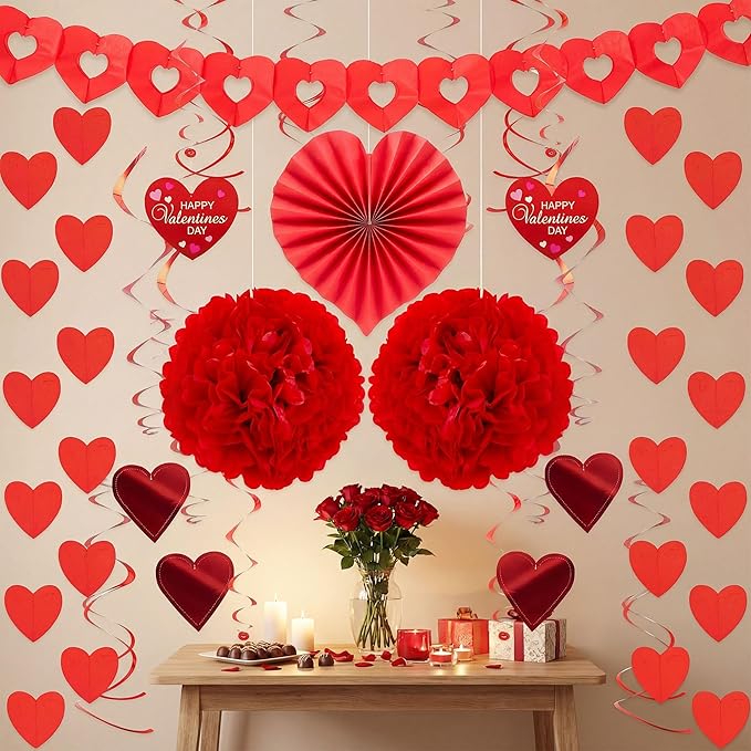 JOYIN 27 Pieces Valentines Day Swirl String Cutout, Decoration Kit with Heart Shaped Garland, Tissue Fans,Tissue Poms, Heart String, Double Swirls and Other for Valentines Party Wedding Anniversary