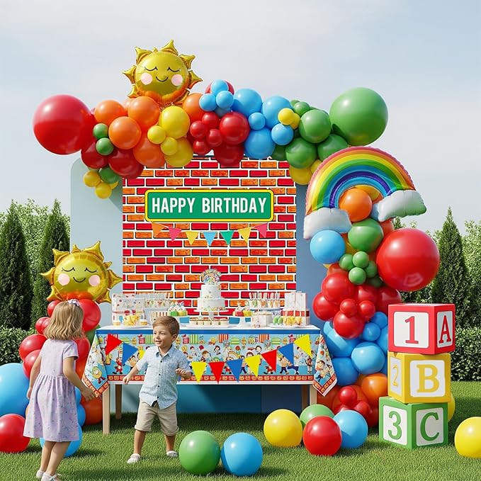 Sesame Friends party decorations Kit with cartoon Theme primary color Balloon and ABC123 Box brick wall birthday backdrop for kid birthday Kindergarten pre k back to school supplies