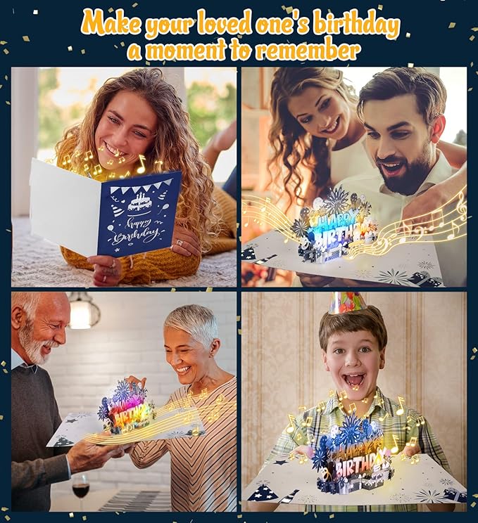INPHER Musical Birthday Card 3D Pop Up with Light Blow Out LED Candle and Plays Happy Birthday Music Surprise Greeting Cards Gifts for Women Navy Silver