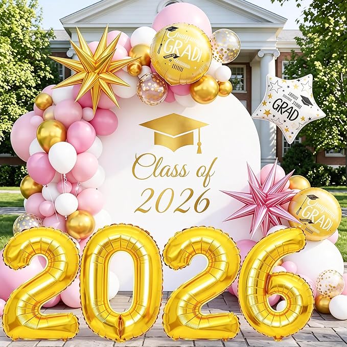 Pink White Gold Balloon Arch Kit, Graduation Balloons Garland, 2026 Graduation Decorations Pink Gold and White Balloons with Foil Star Balloon for Class of 2026 ollege High School Party Decor