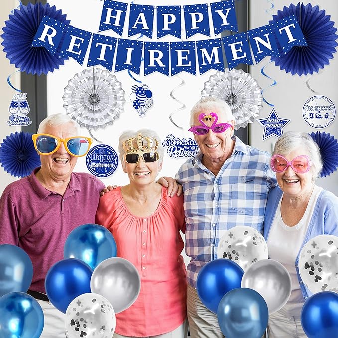 Holkcog Blue Retirement Party Decorations for Women, Silver Blue Happy Retired Banner Backdrop Paper Fan Hanging Swirls for Coworker, I'm Retired Cake Top & Honeycomb Set, Great for Retiring Women
