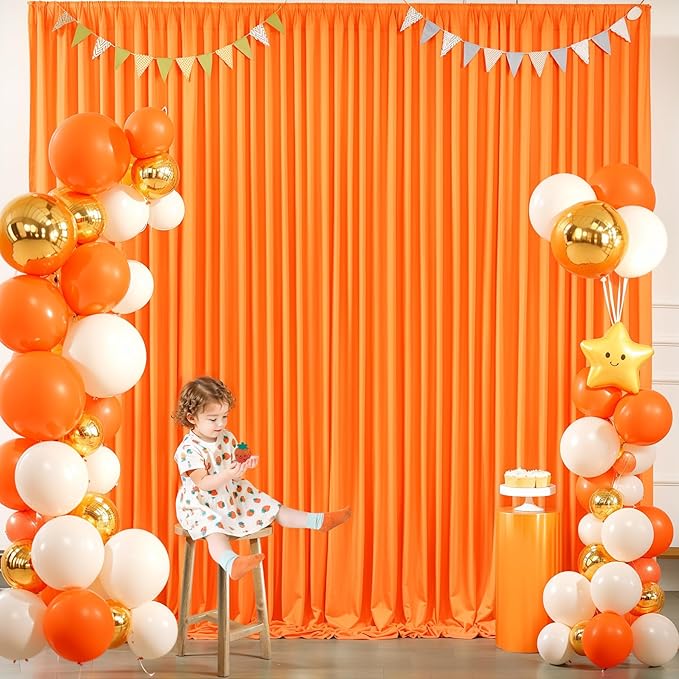 Orange Backdrop Curtains - 8 Panel Wrinkle-Free Polyester Photography Drapes for Baby Shower & Birthday Party - 32 x 10FT