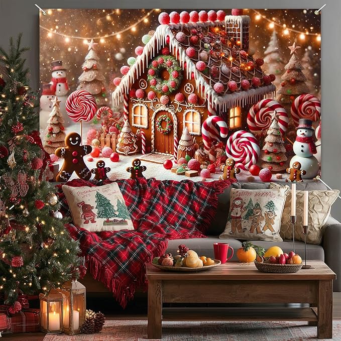 Winter Door Banner Backdrop Christmas Gingerbread House Banner Candy Cane Lollipop Tree Snowman Backdrop Holiday Sweet Wonderland Scene 71x43 inch Party Wall Decoration