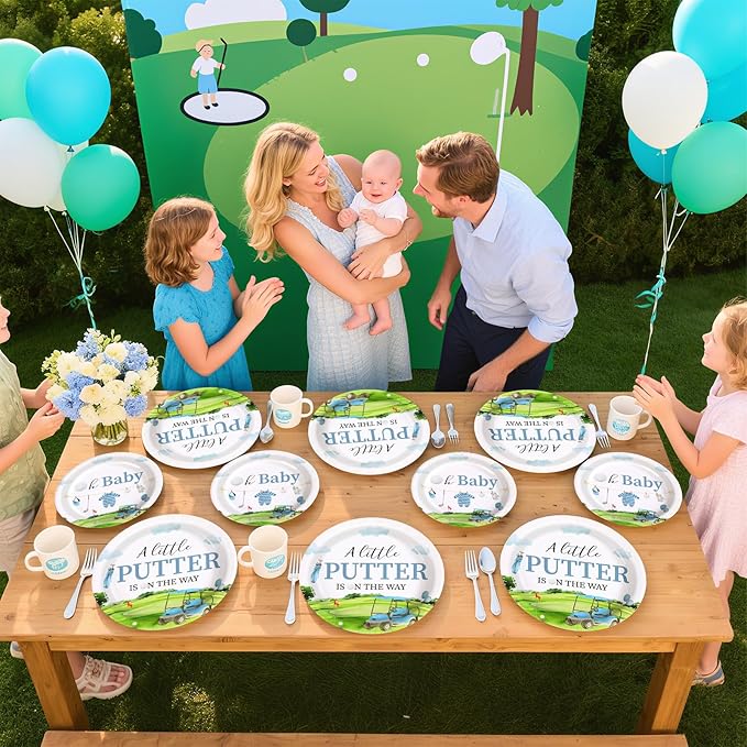Grencian 96Pcs Golf Baby Shower Party Supplies A Little Putter Plates and Napkins Tableware Sets Green and Blue Decoration for Baby Shower Newborn Pregnancy Boy Girl Birthday Party Serve 24
