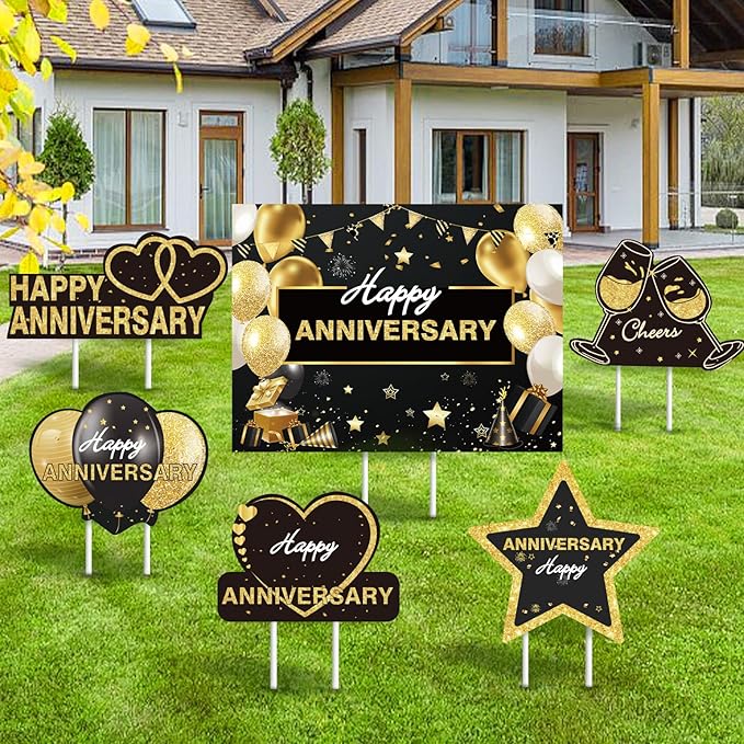 6pcs Happy Anniversary Wedding Yard Sign Decorations Outdoor, Gold Black Lawn Yard Sign with Stakes and for Married Men Women Wedding Birthday Decor Outdoor Party Supplies