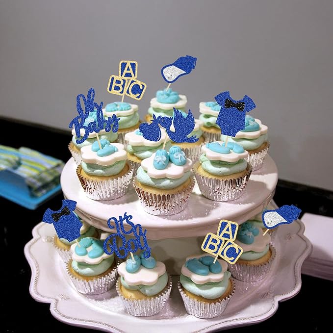 24Pcs Baby Shower Oh Baby Cupcake Toppers with Bow Onesie Bottle Boy Deep Blue Glitter Cake Picks Decorations for Baby Shower Gender Reveal It's a Boy Birthday Party Supplies